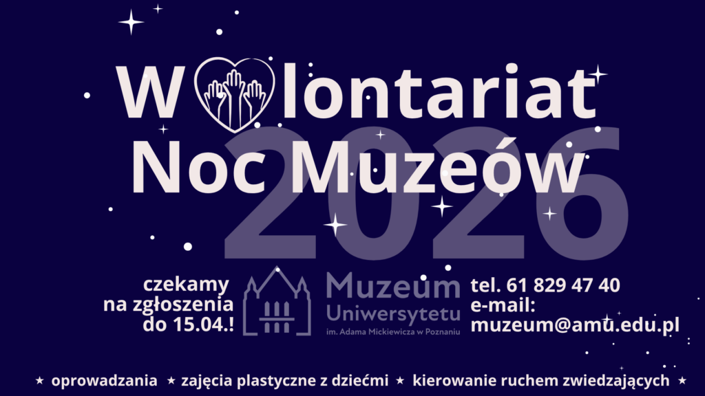 NA granatowym tle, gwiazdki i napis Wolontariusze Noc Muzeów 2026 oraz dane kontaktowe