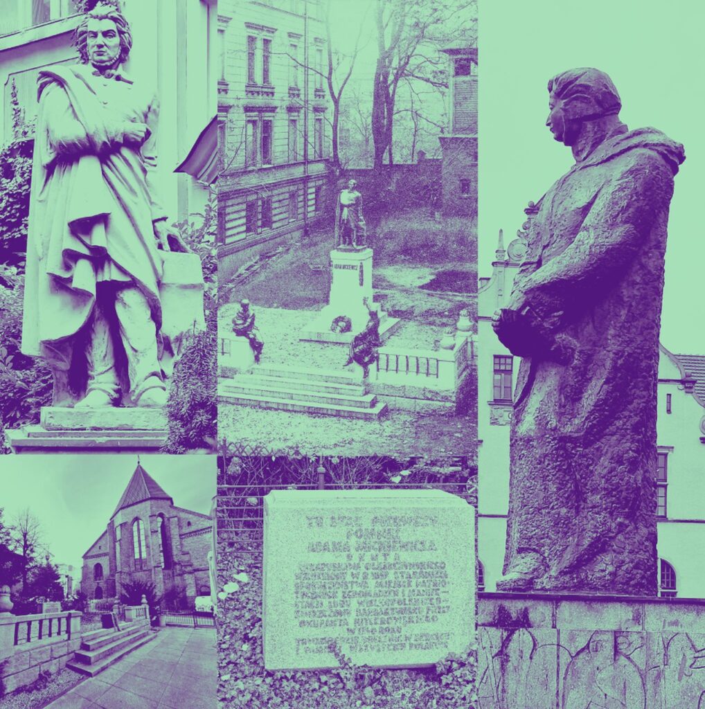 Kolaż fotografii ukazujących pomniki Mickiewicza w Poznaniu i miejsca w Poznaniu związane z poetą